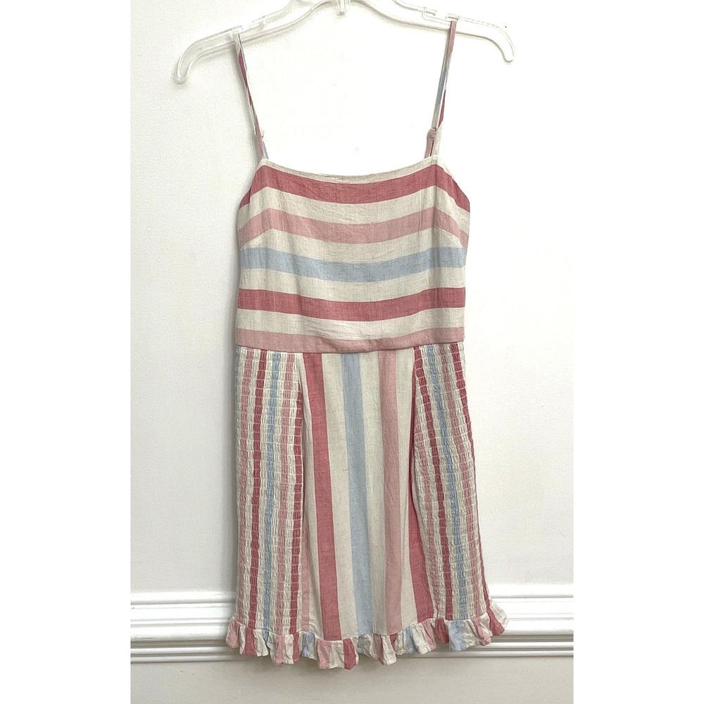 Trixxi Mini Dress Tunic Top Sz S Muted‎ Red White Blue Adjustable Straps Smocked
